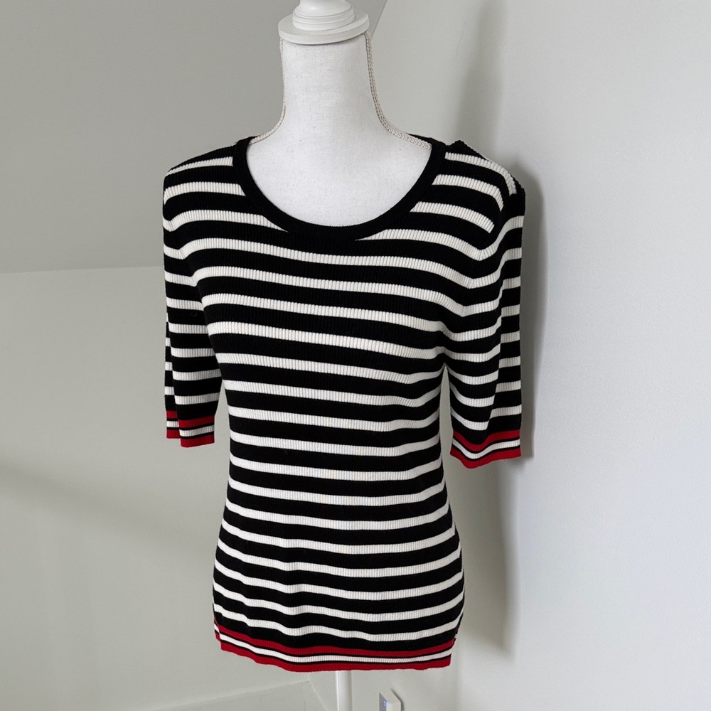 Black & White Striped Scoop Neck Sweater with Red Trim